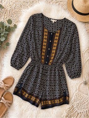 ILLA ILLA Boho Romper Small Festival Anthropologie Style Elastic Waist Printed